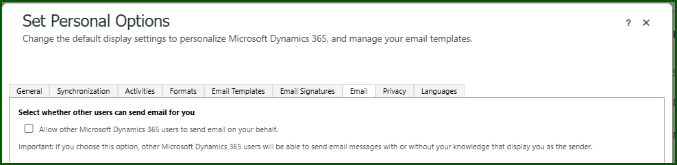 Personalisation setting screenshot, Send email on behalf of